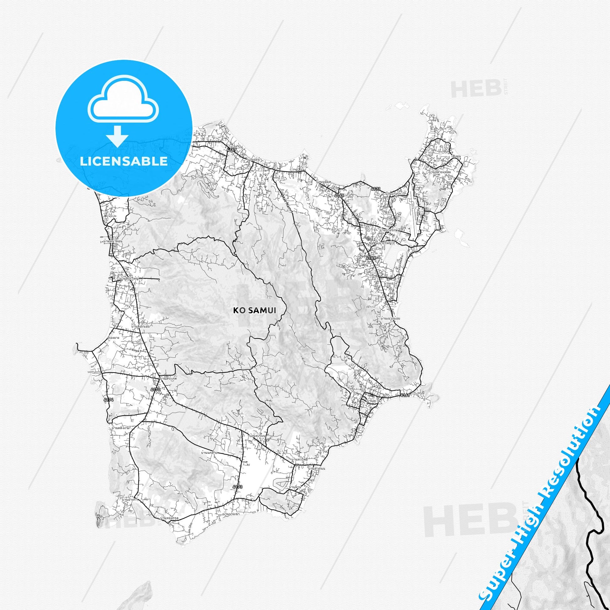 Ko Samui, Thailand light map with streetnames, citynames and districts
