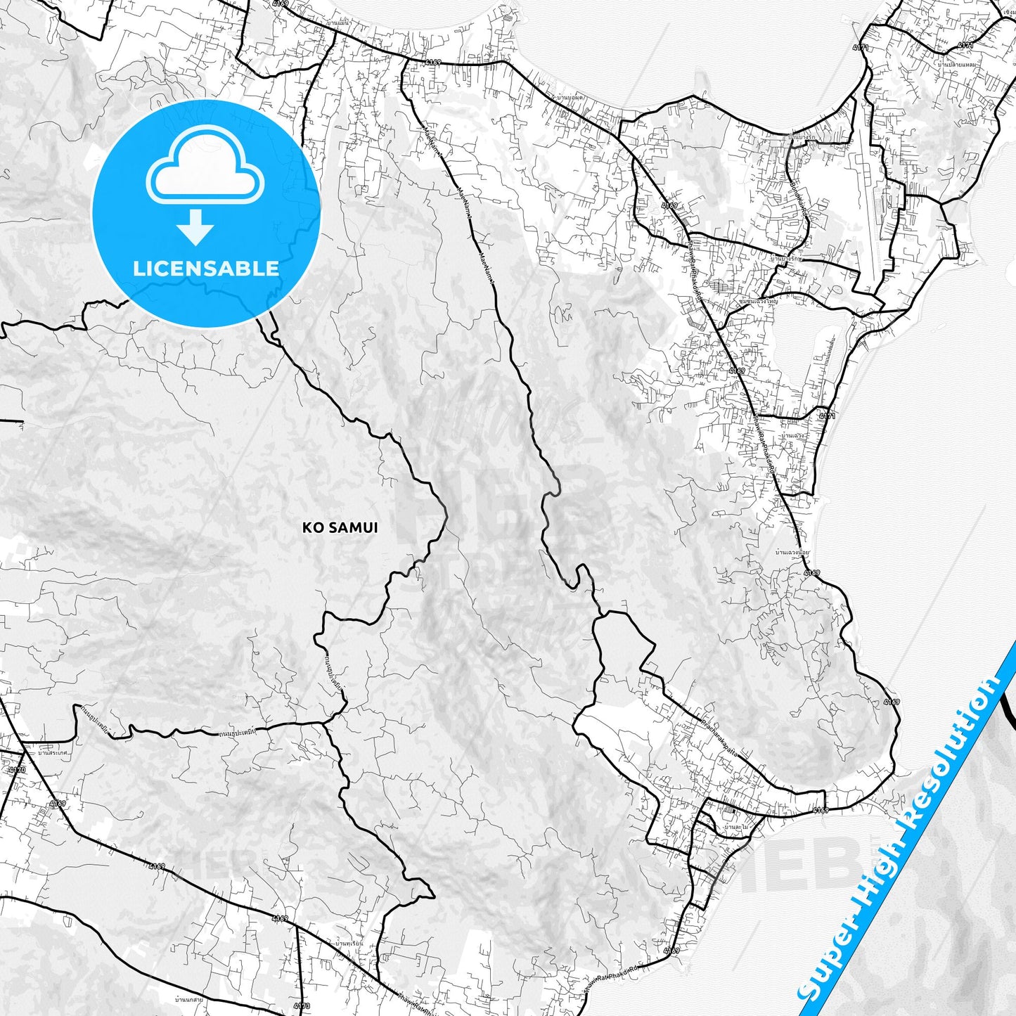 Ko Samui, Thailand Light Map with Street Names, City Names, and Districts