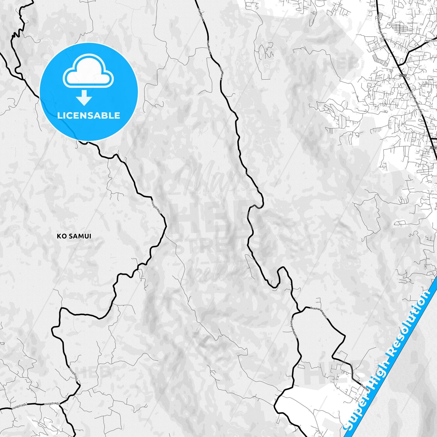 Ko Samui, Thailand Light Map with Street Names, City Names, and Districts