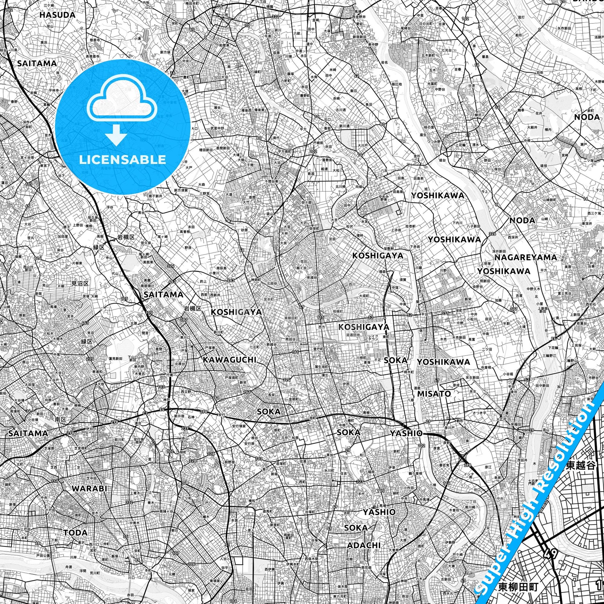 Koshigaya, Japan light map with streetnames, citynames and districts