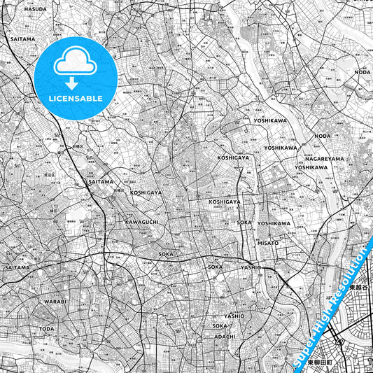 Koshigaya, Japan light map with streetnames, citynames and districts