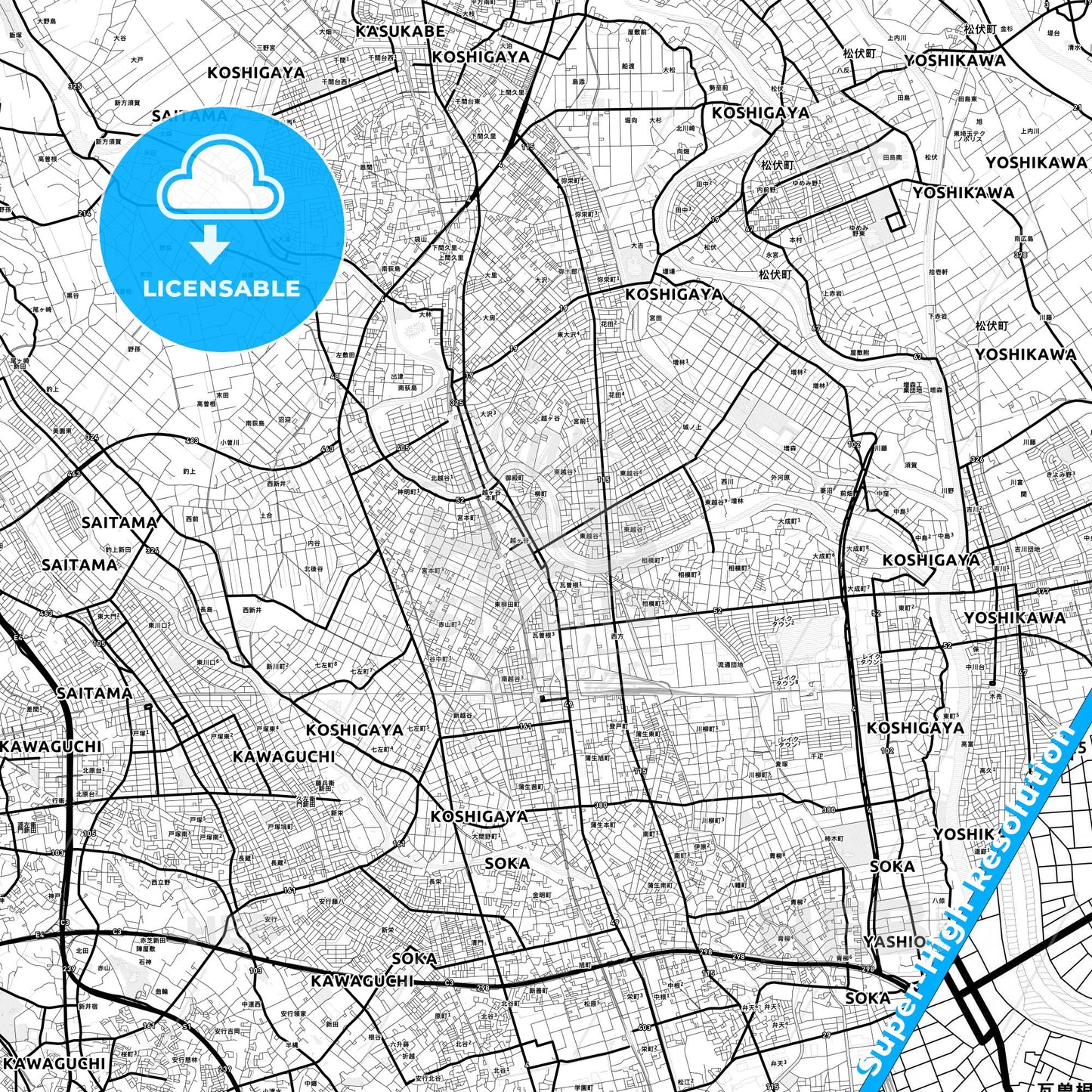 Koshigaya, Japan Light Map with Street Names, City Names, and Districts