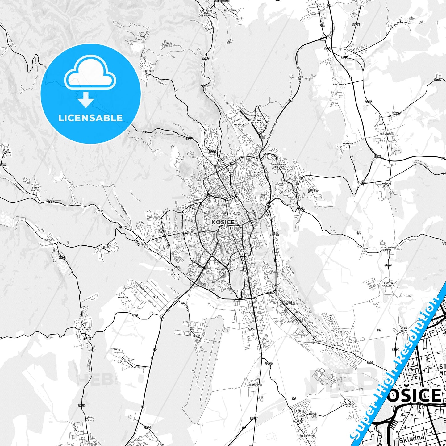 Košice, Slovakia light map with streetnames, citynames and districts
