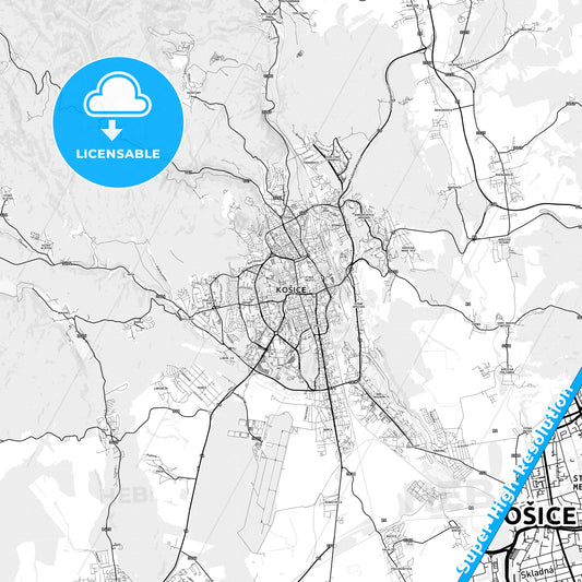 Košice, Slovakia light map with streetnames, citynames and districts