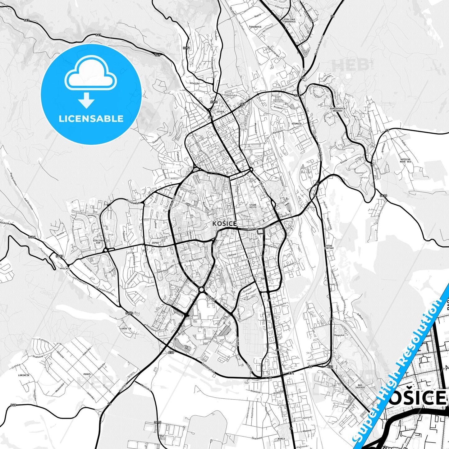 Košice, Slovakia Light Map with Street Names, City Names, and Districts