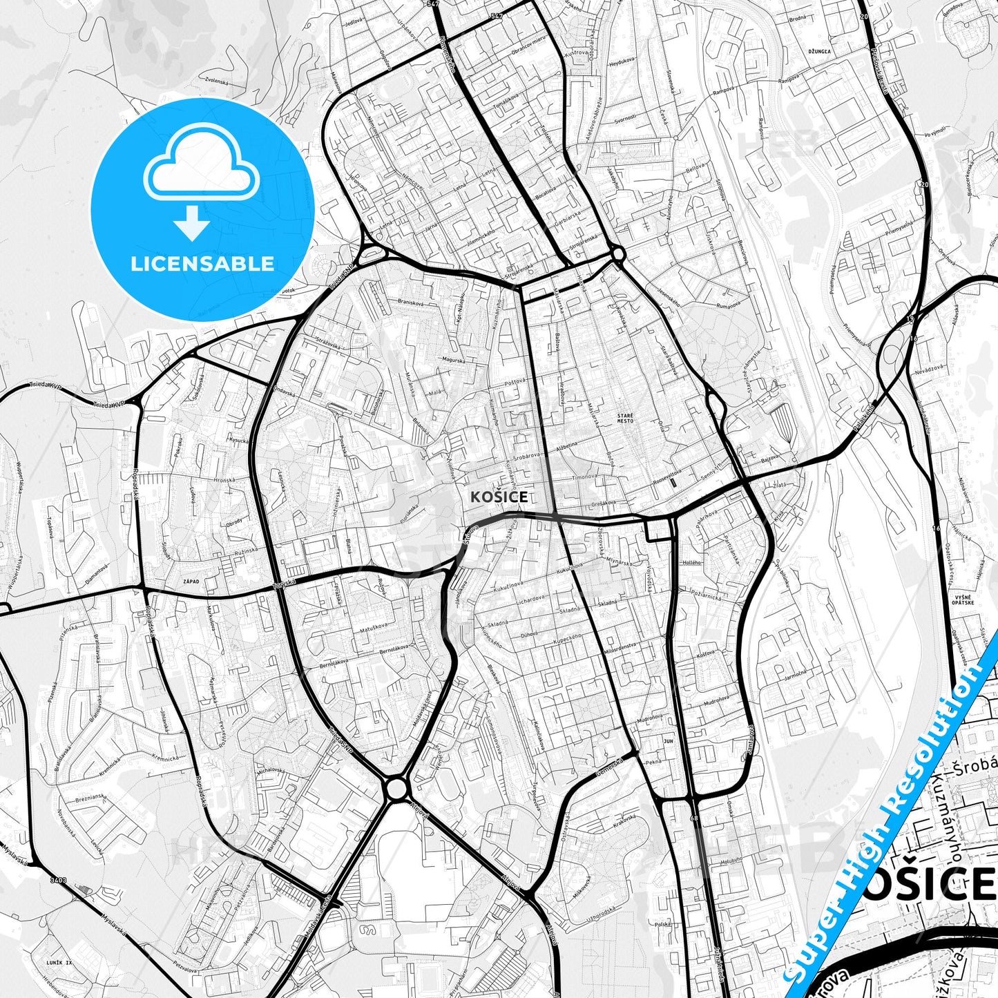 Košice, Slovakia Light Map with Street Names, City Names, and Districts