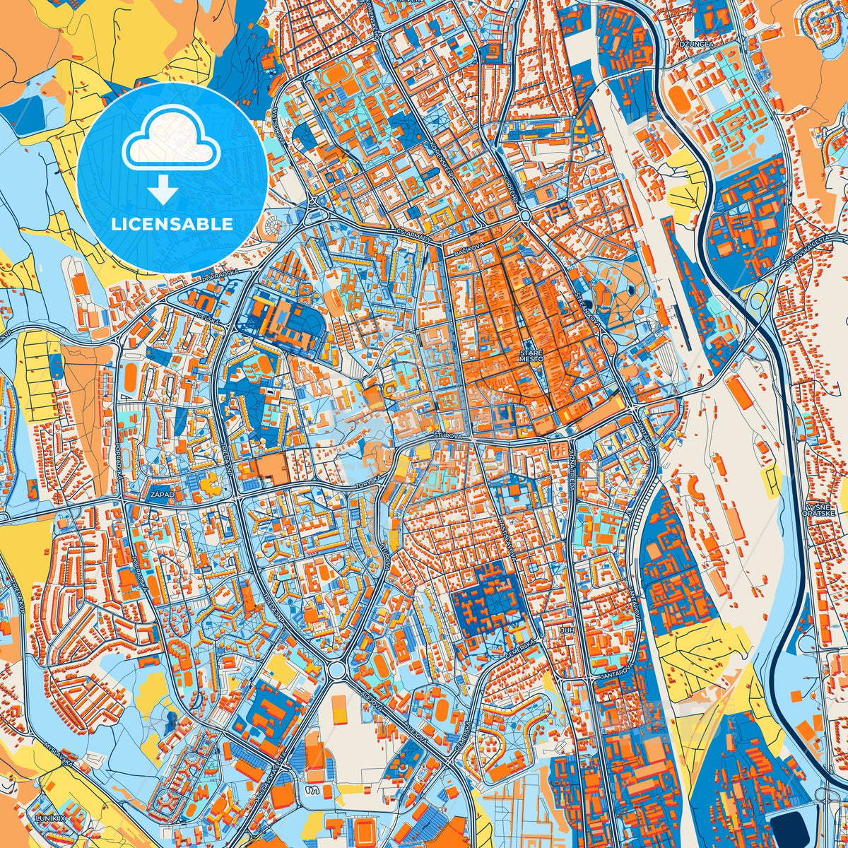 Colorful Košice Street Map with Labels and Buildings