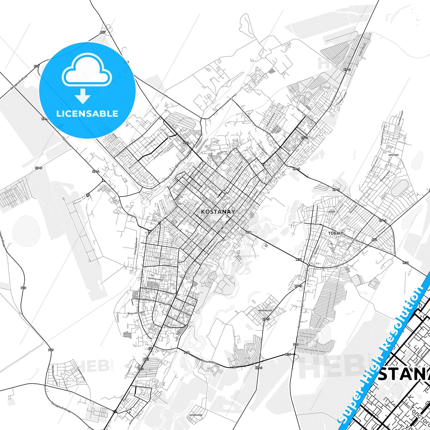 Kostanay, Kazakhstan light map with streetnames, citynames and districts