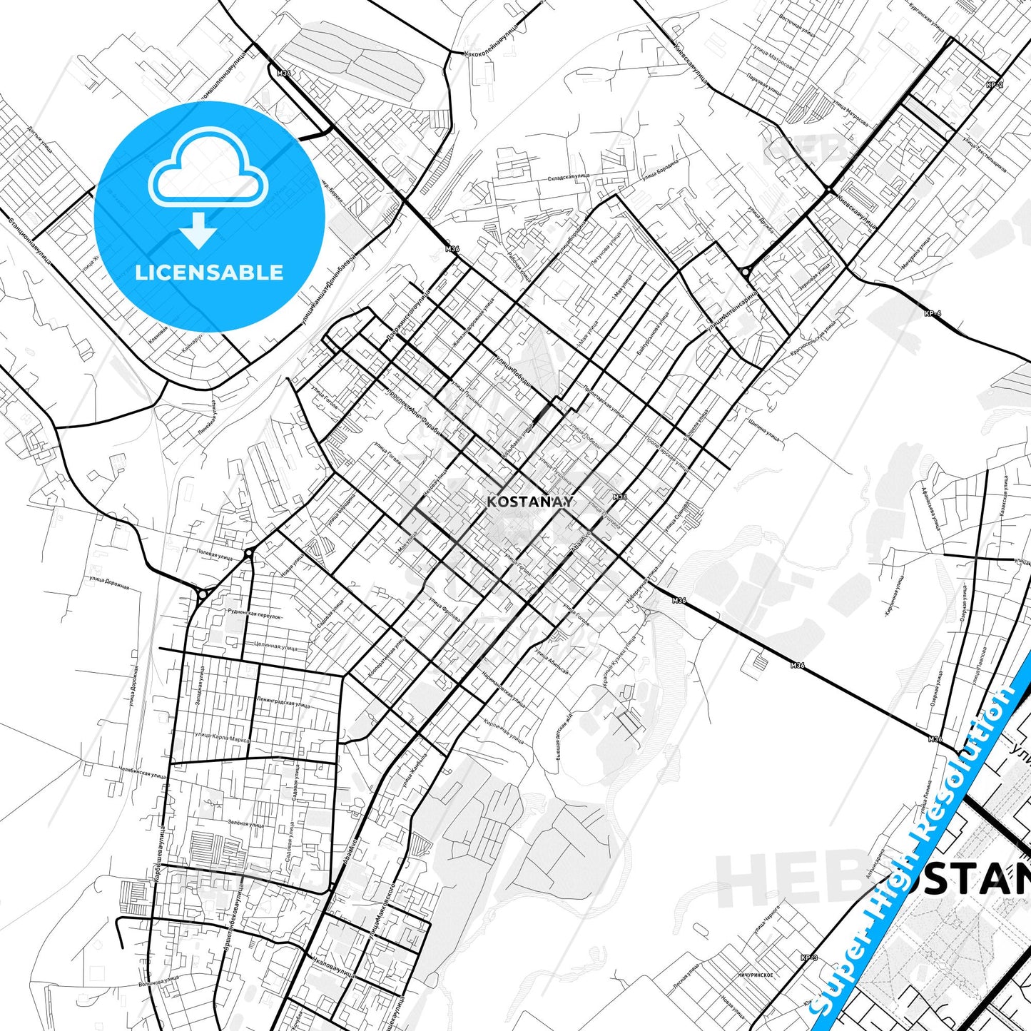 Kostanay, Kazakhstan Light Map with Street Names, City Names, and Districts
