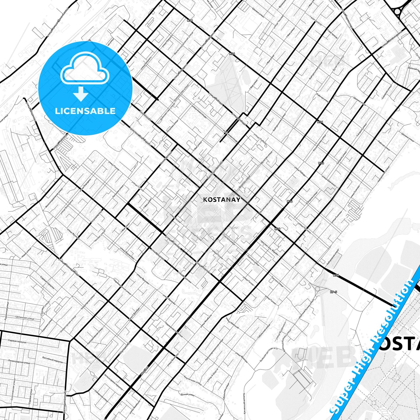 Kostanay, Kazakhstan Light Map with Street Names, City Names, and Districts