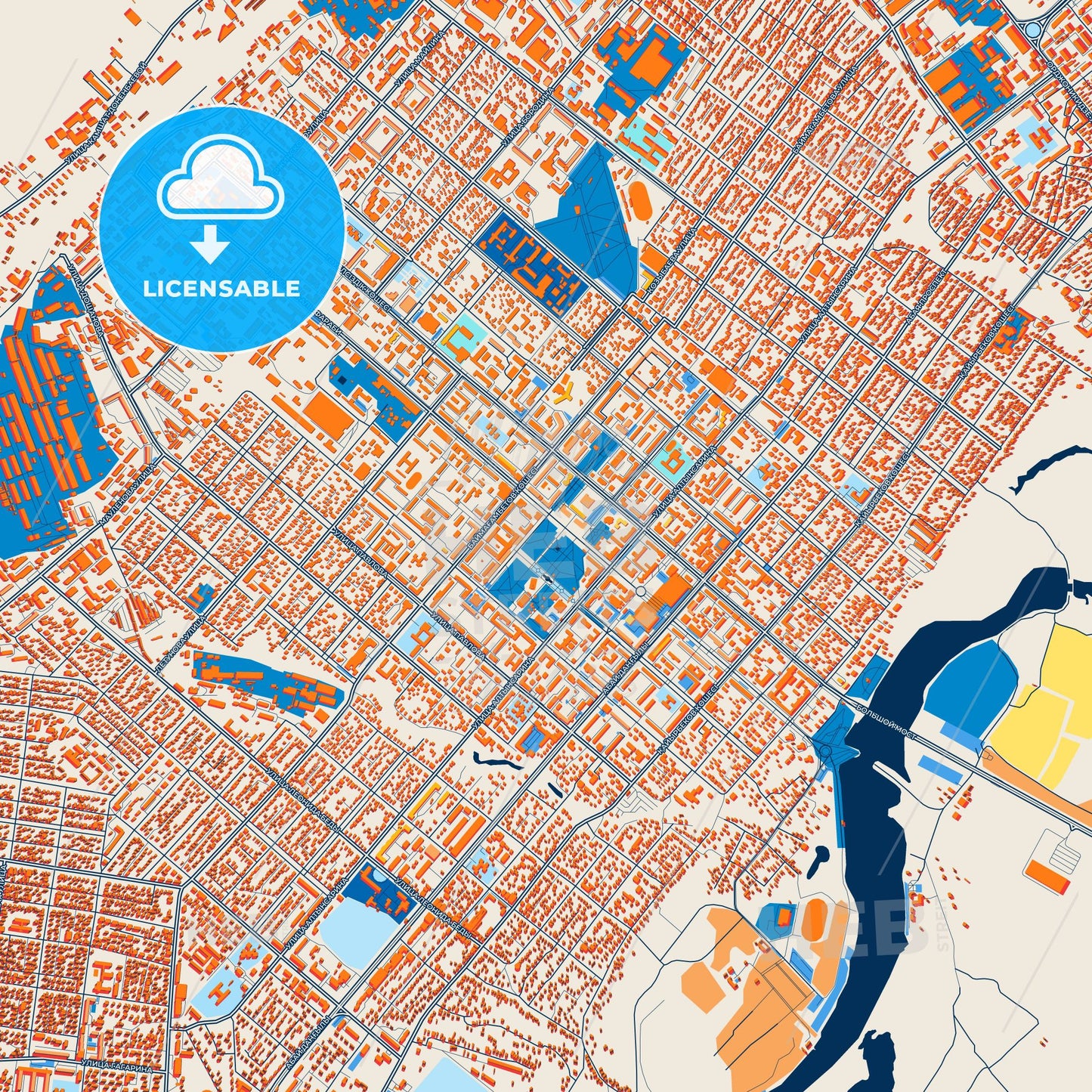 Colorful Kostanay Street Map with Labels and Buildings