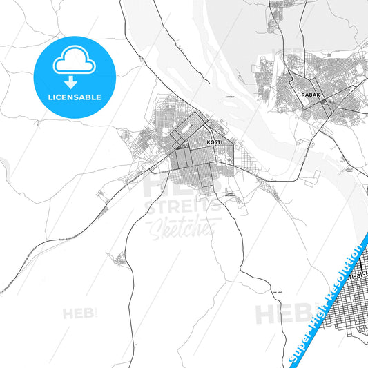 Kosti, Sudan light map with streetnames, citynames and districts
