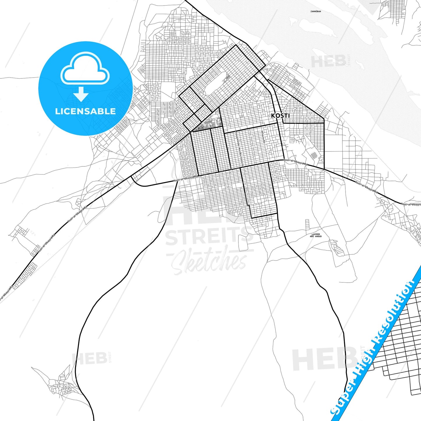 Kosti, Sudan Light Map with Street Names, City Names, and Districts