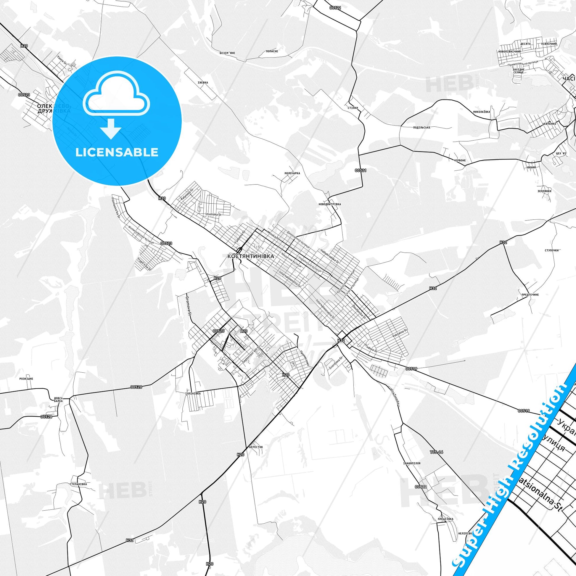 Kostiantynivka, Ukraine light map with streetnames, citynames and districts