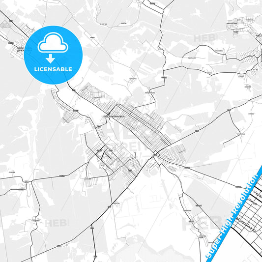Kostiantynivka, Ukraine light map with streetnames, citynames and districts