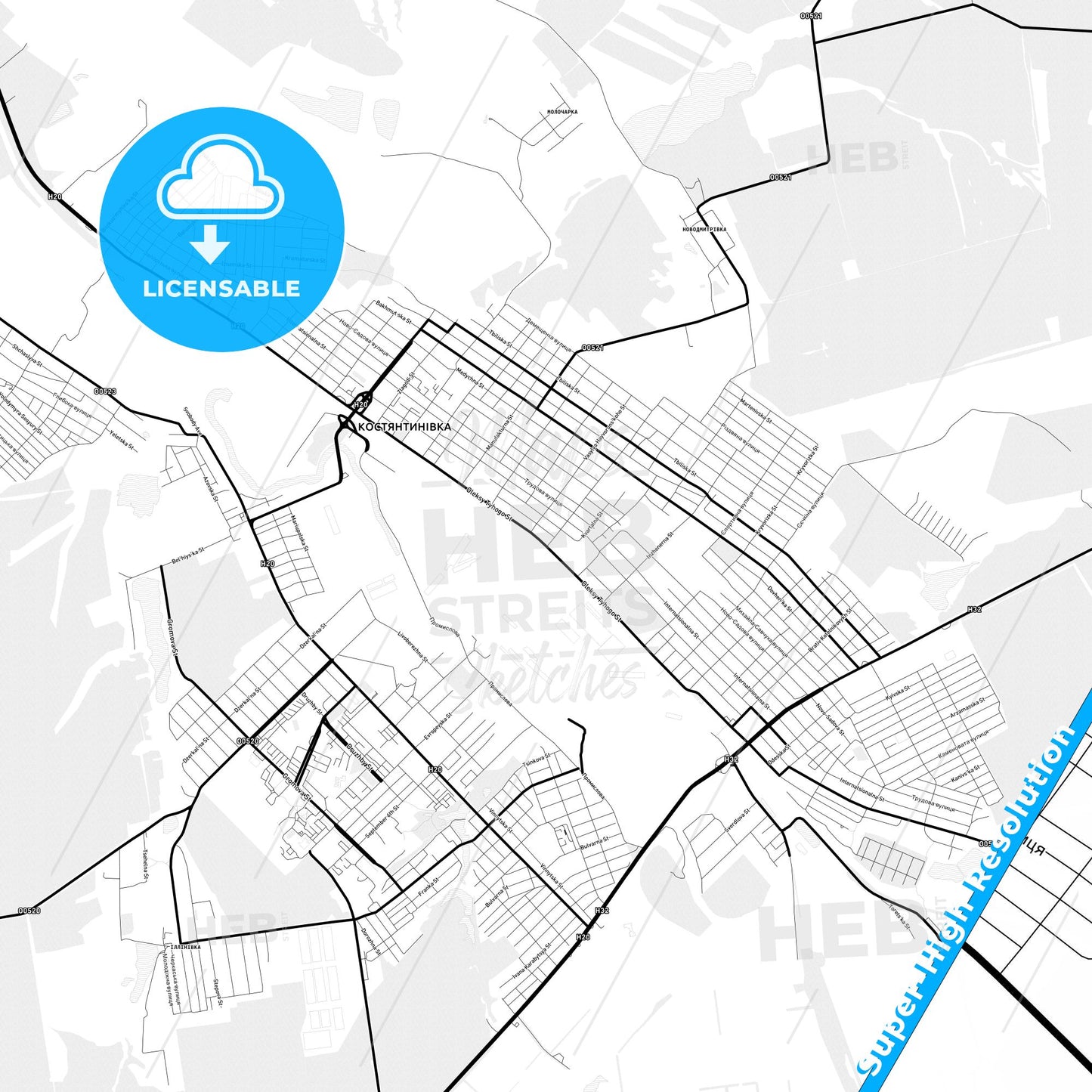 Kostiantynivka, Ukraine Light Map with Street Names, City Names, and Districts