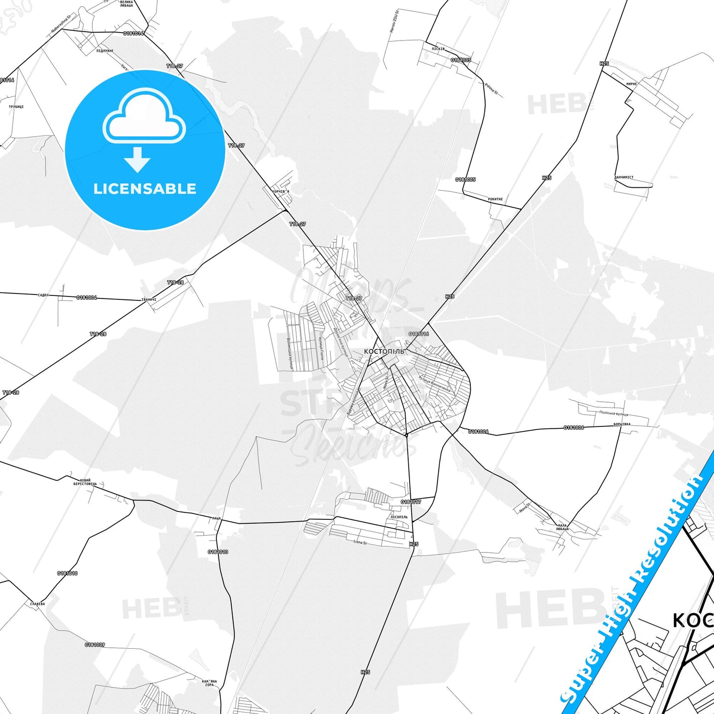 Kostopil, Ukraine light map with streetnames, citynames and districts