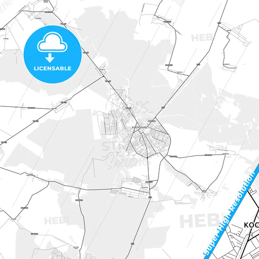 Kostopil, Ukraine light map with streetnames, citynames and districts