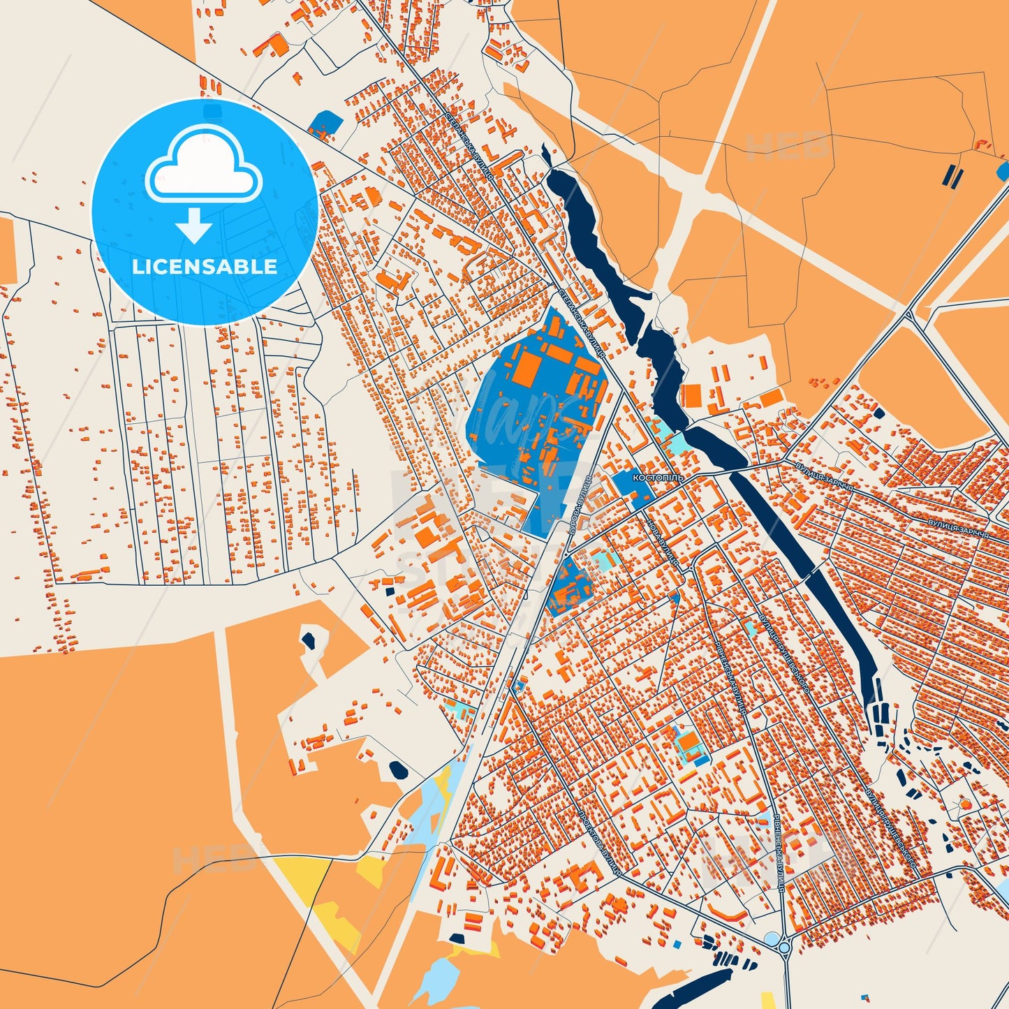 Colorful Kostopil Street Map with Labels and Buildings
