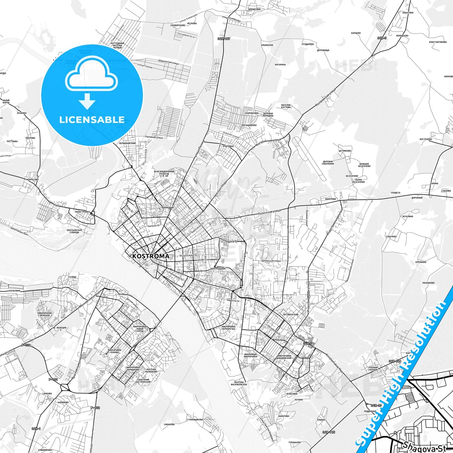 Kostroma, Russia light map with streetnames, citynames and districts