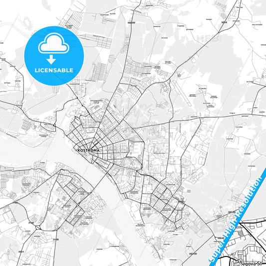 Kostroma, Russia light map with streetnames, citynames and districts