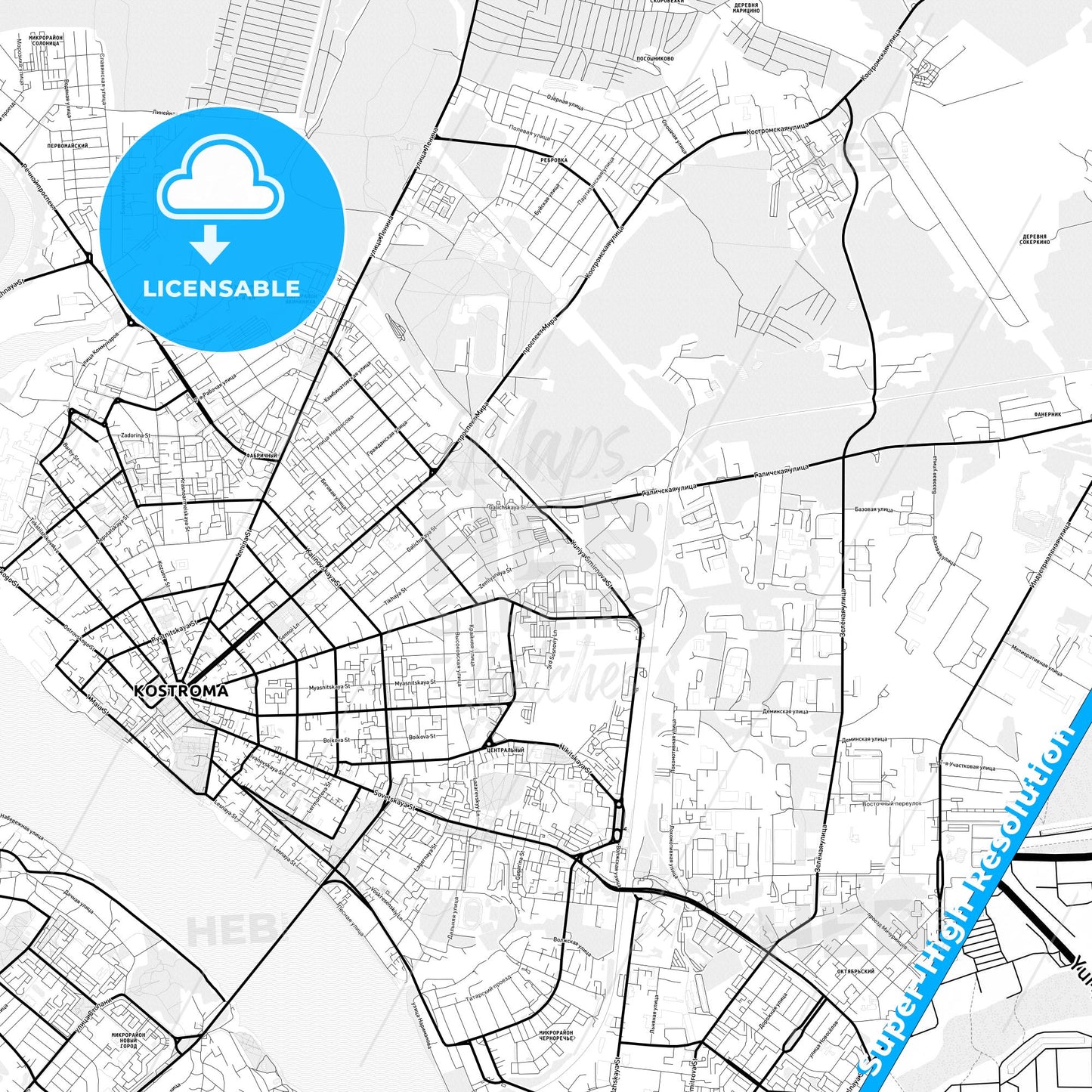 Kostroma, Russia Light Map with Street Names, City Names, and Districts