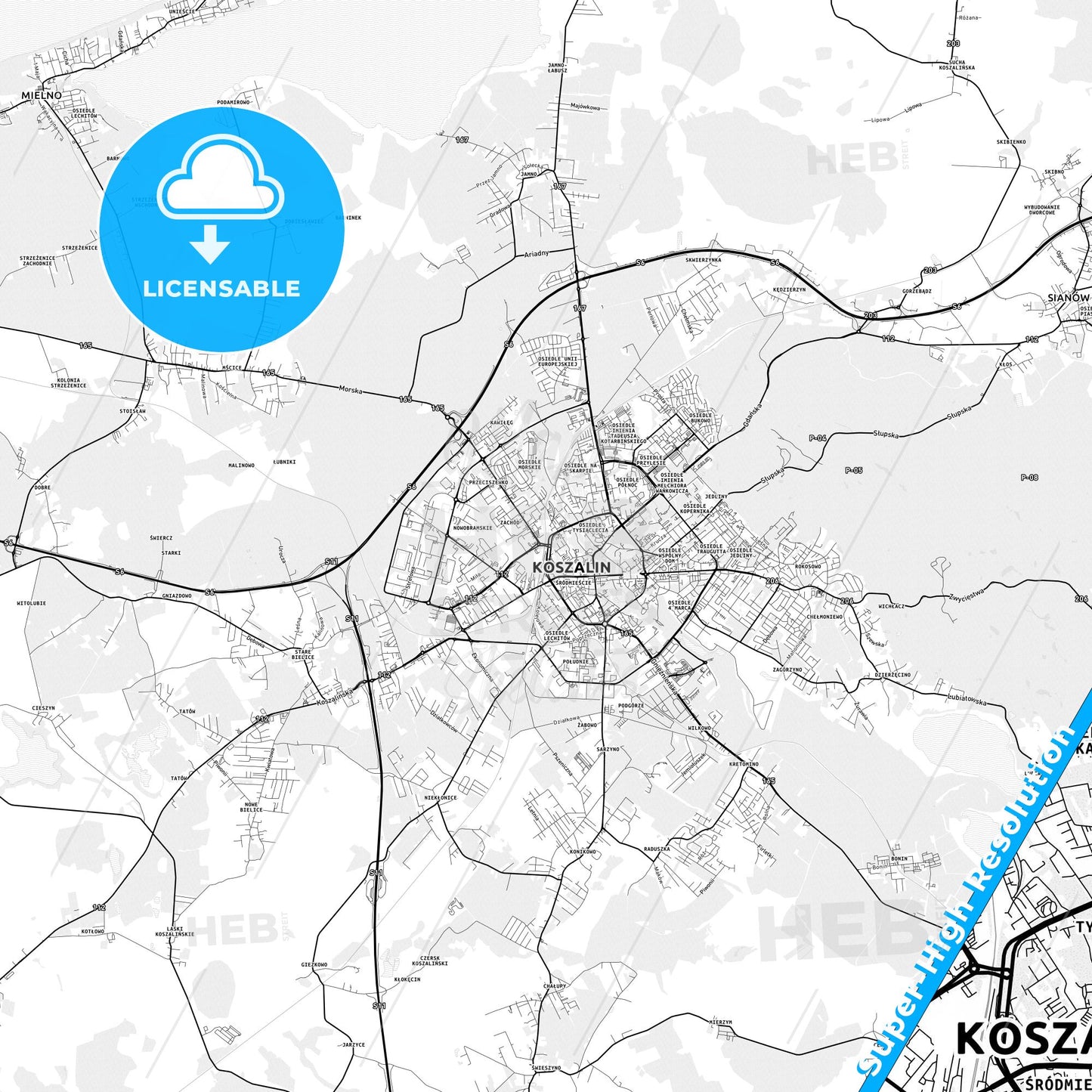 Koszalin, Poland light map with streetnames, citynames and districts