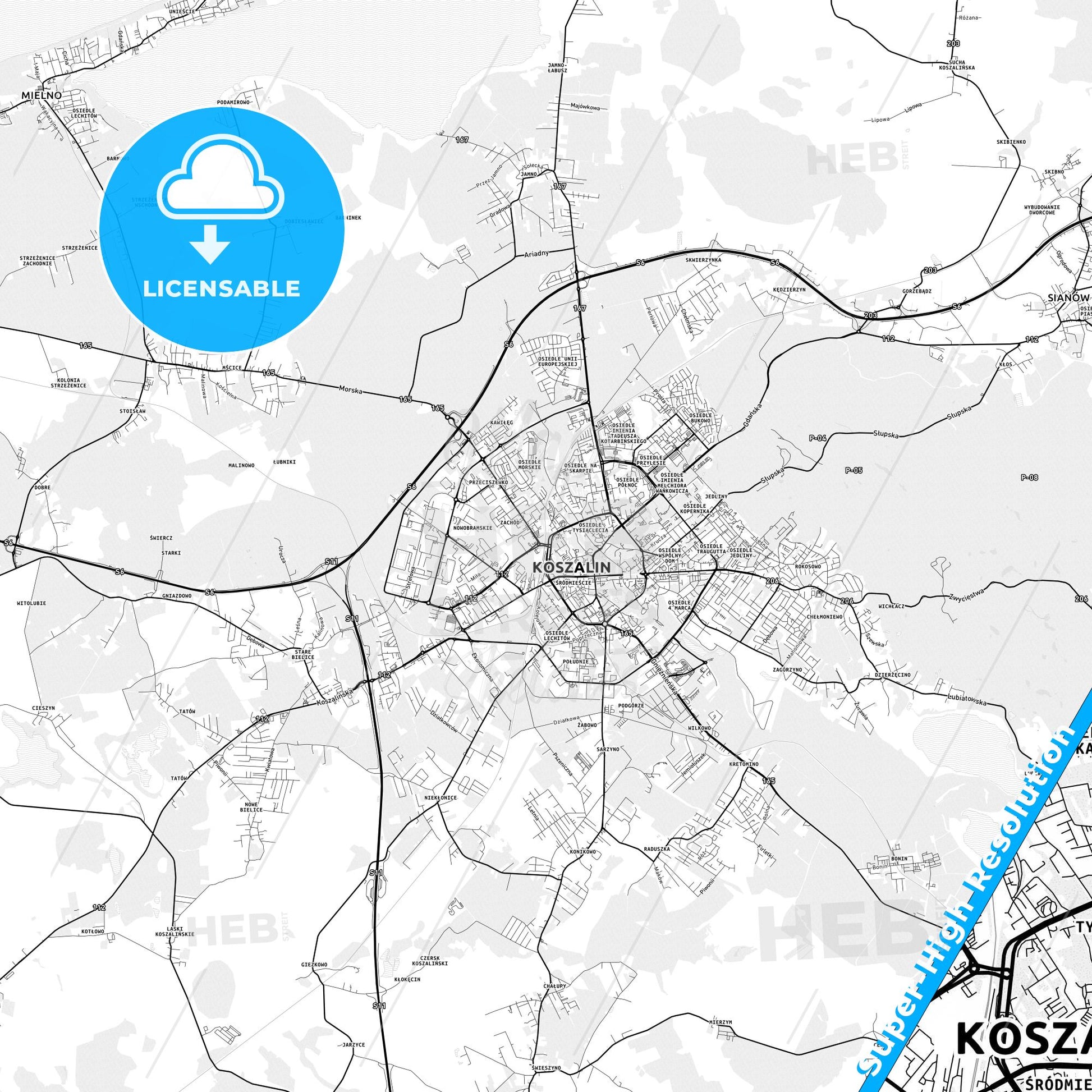 Koszalin, Poland light map with streetnames, citynames and districts