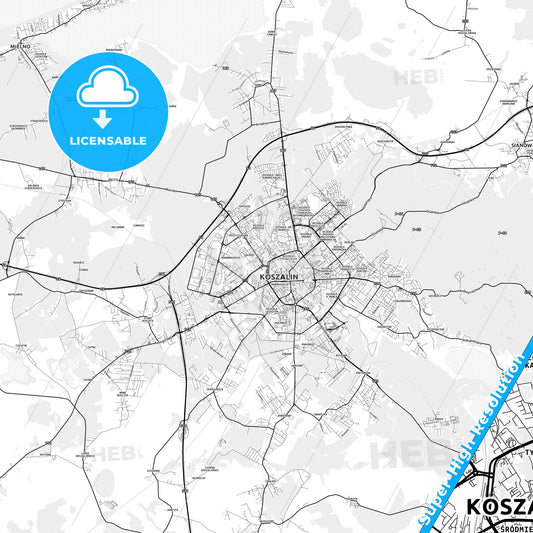 Koszalin, Poland light map with streetnames, citynames and districts