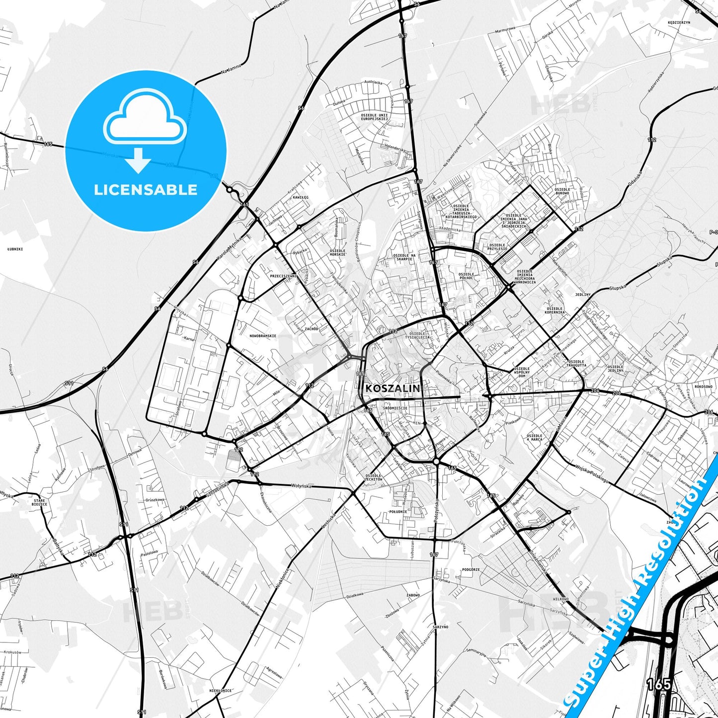 Koszalin, Poland Light Map with Street Names, City Names, and Districts