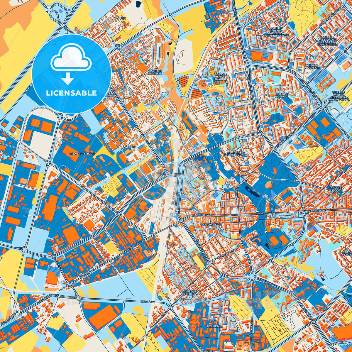 Colorful Koszalin Street Map with Labels and Buildings
