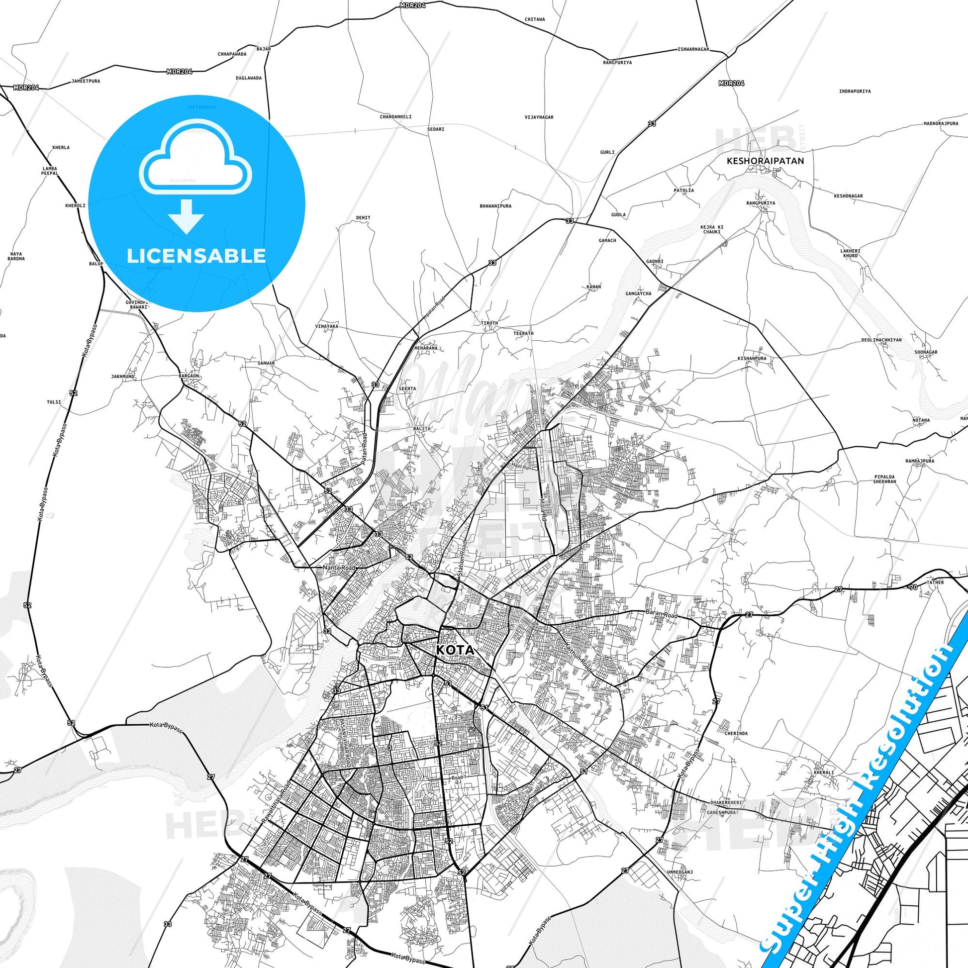 Kota, India light map with streetnames, citynames and districts