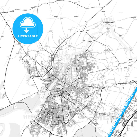 Kota, India light map with streetnames, citynames and districts