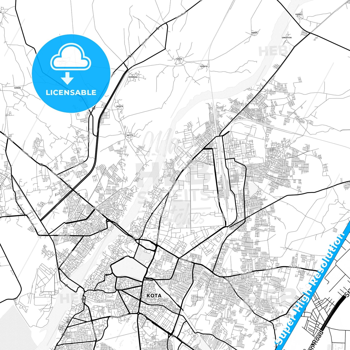 Kota, India Light Map with Street Names, City Names, and Districts