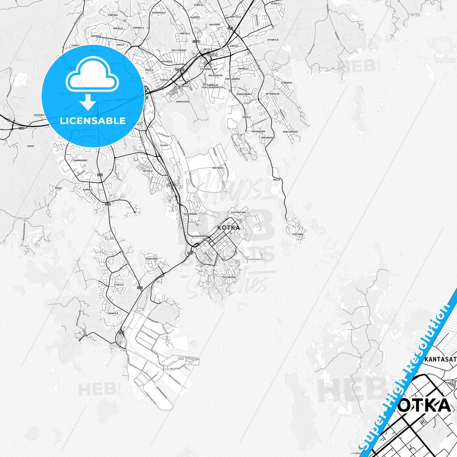 Kotka, Finland light map with streetnames, citynames and districts