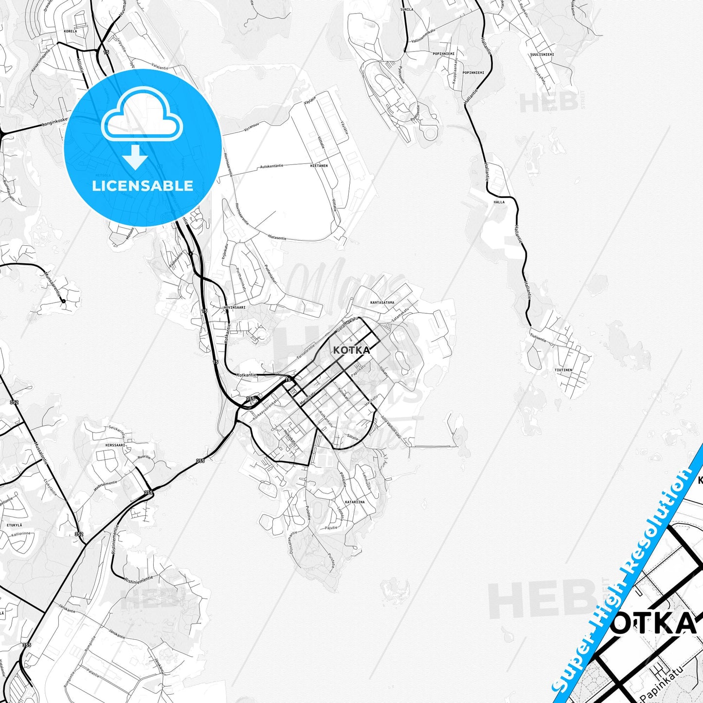 Kotka, Finland Light Map with Street Names, City Names, and Districts