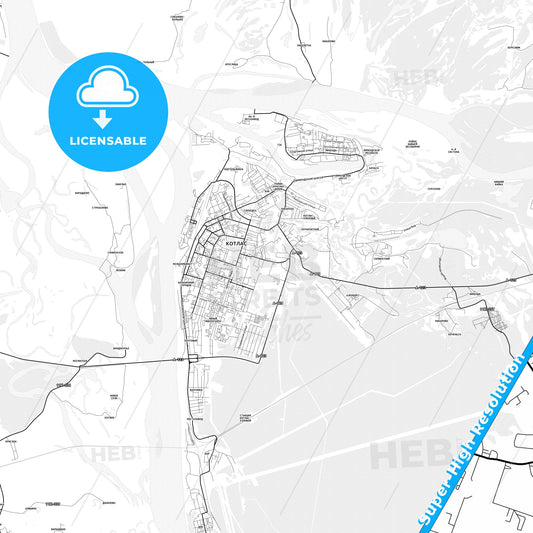 Kotlas, Russia light map with streetnames, citynames and districts