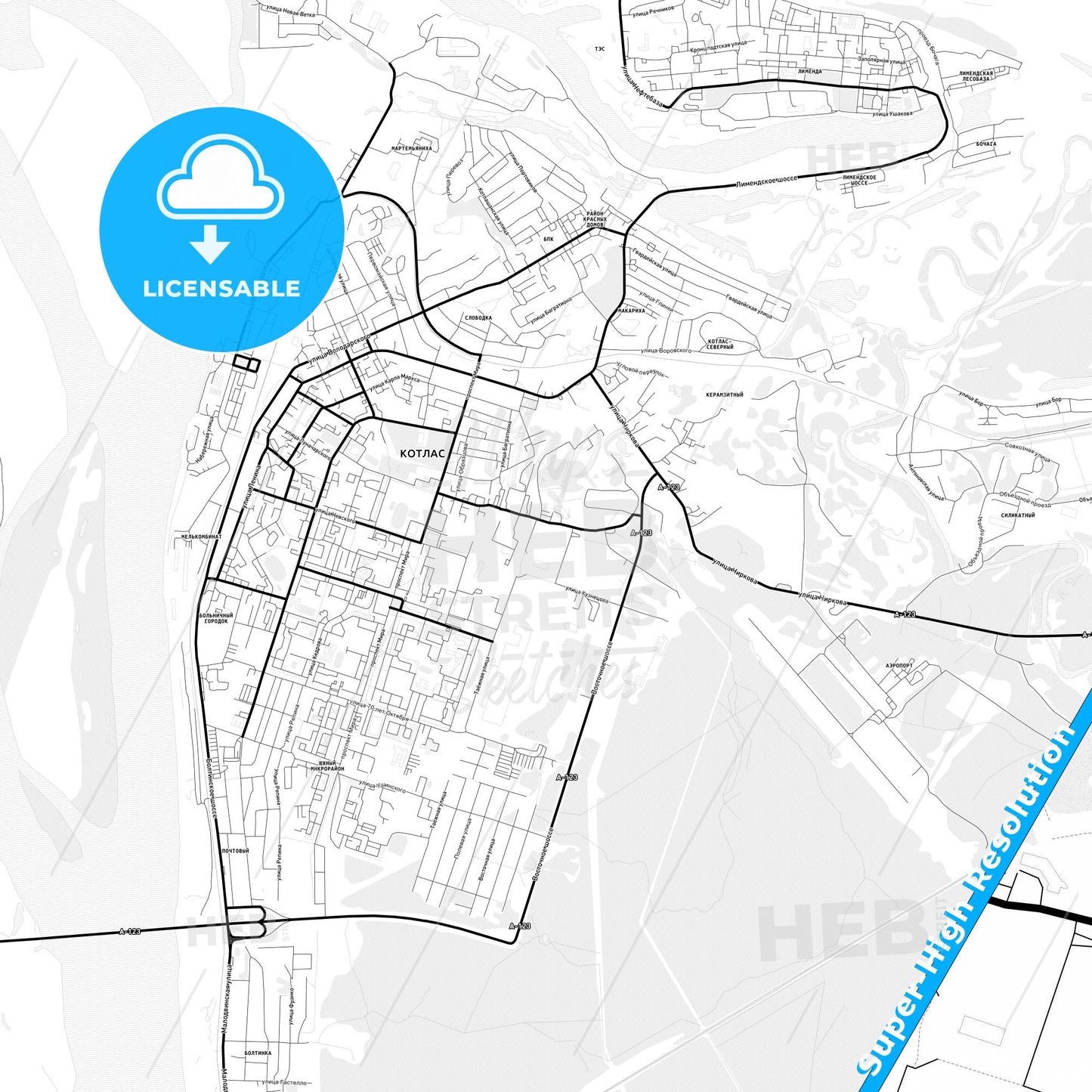 Kotlas, Russia Light Map with Street Names, City Names, and Districts