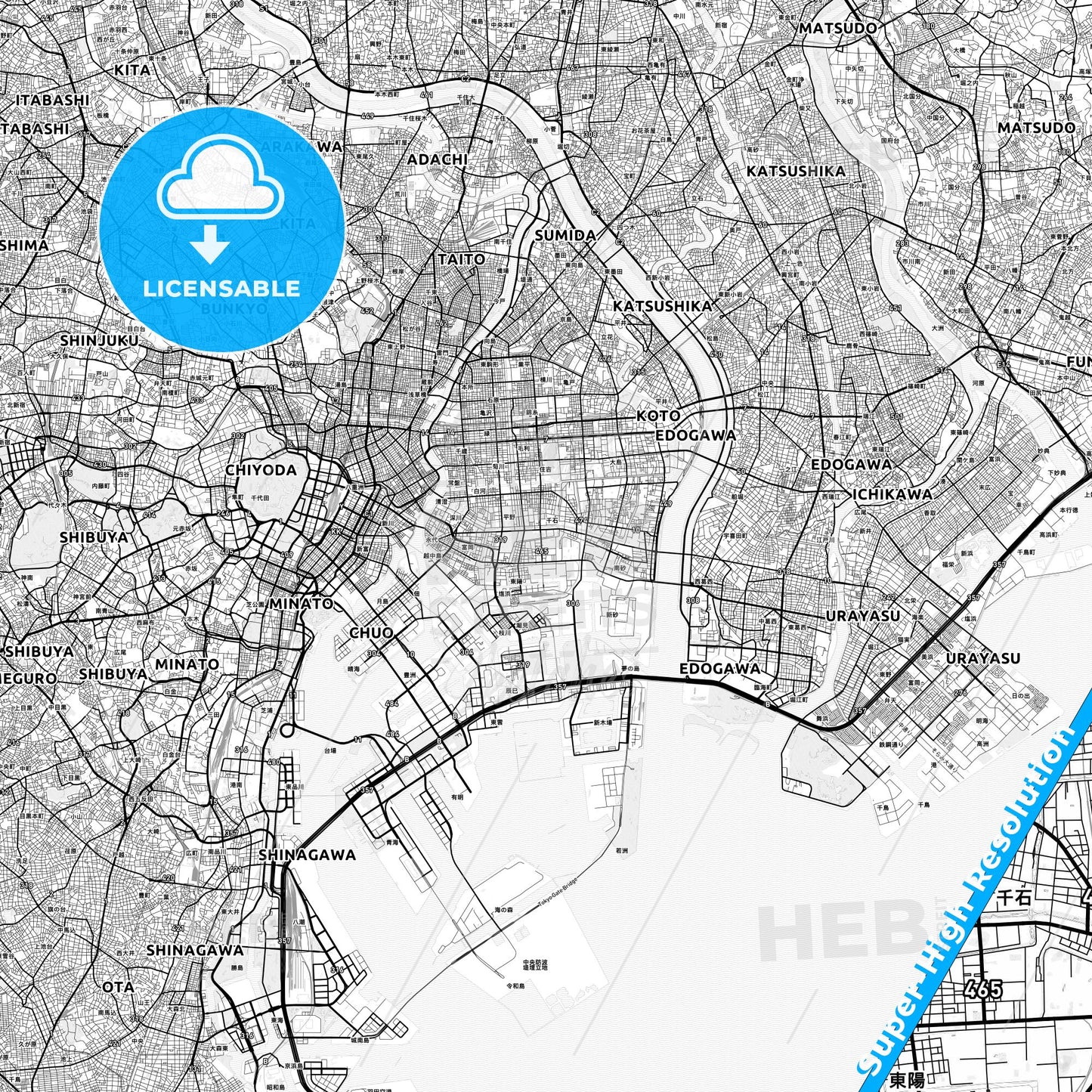 Kōtō, Japan light map with streetnames, citynames and districts