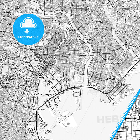 Kōtō, Japan light map with streetnames, citynames and districts
