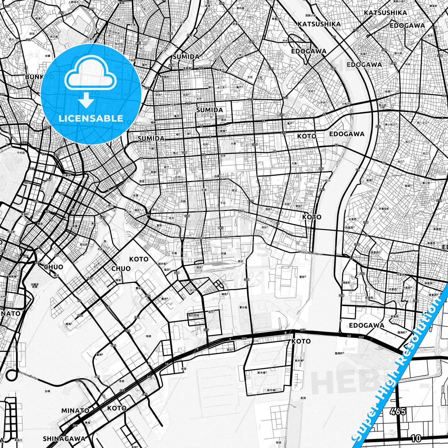 Kōtō, Japan Light Map with Street Names, City Names, and Districts