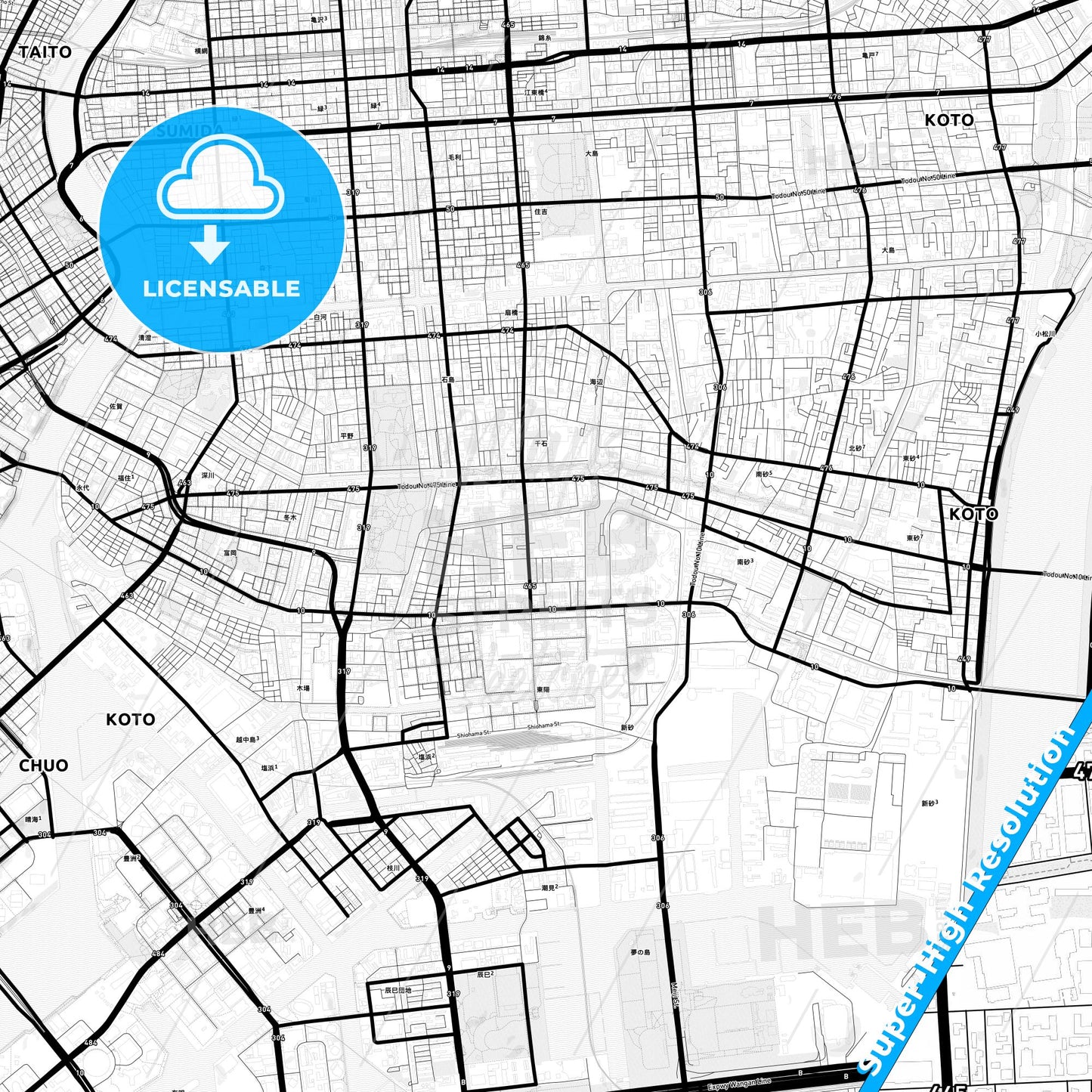 Kōtō, Japan Light Map with Street Names, City Names, and Districts