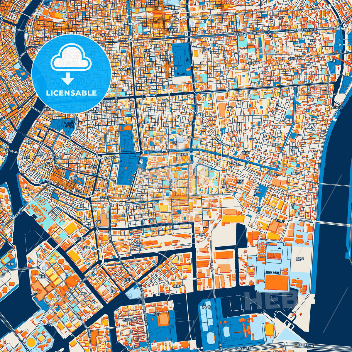 Colorful Kōtō Street Map with Labels and Buildings