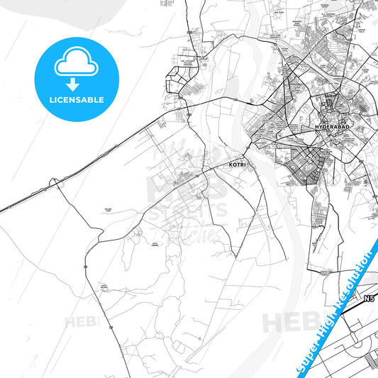 Kotri, Pakistan light map with streetnames, citynames and districts
