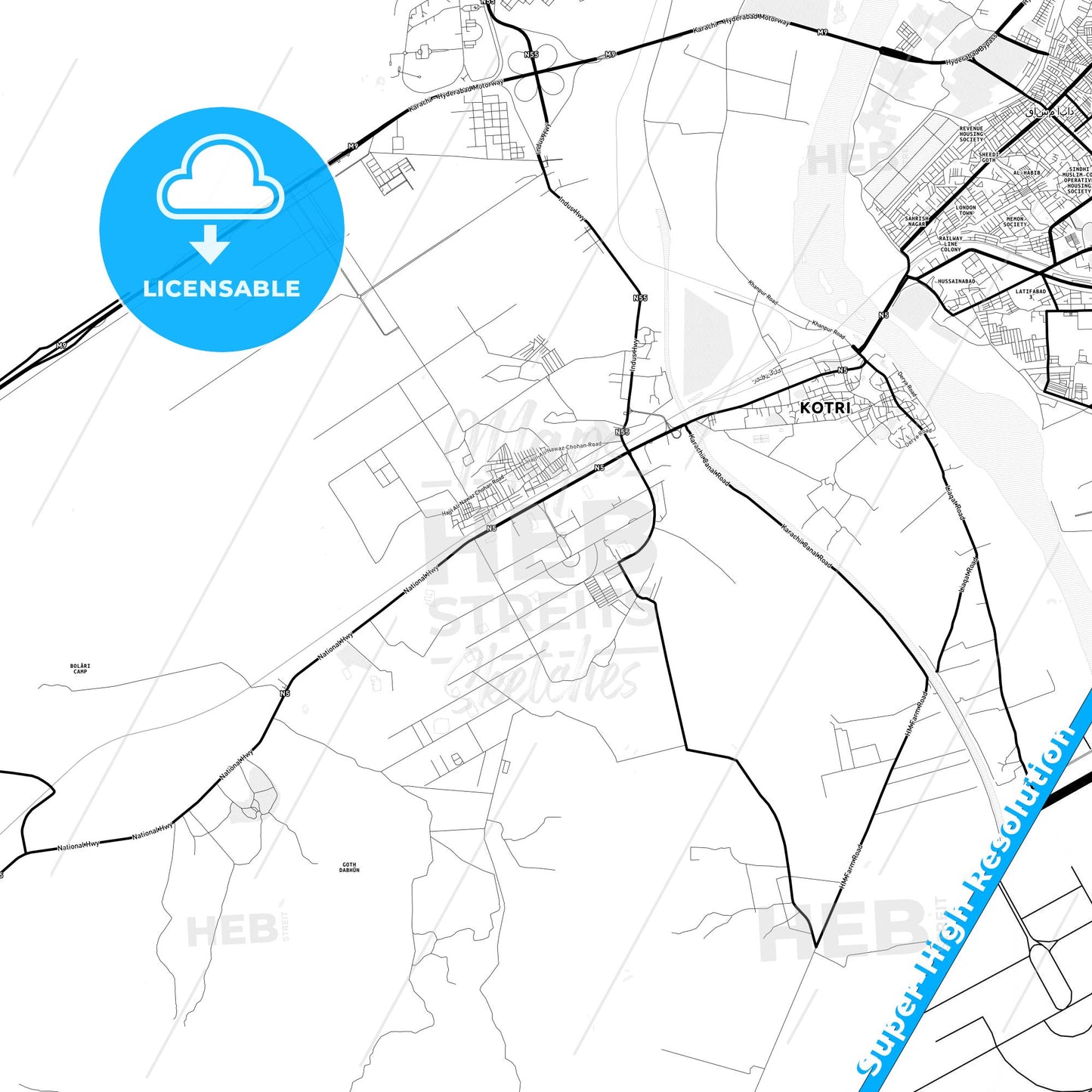 Kotri, Pakistan Light Map with Street Names, City Names, and Districts