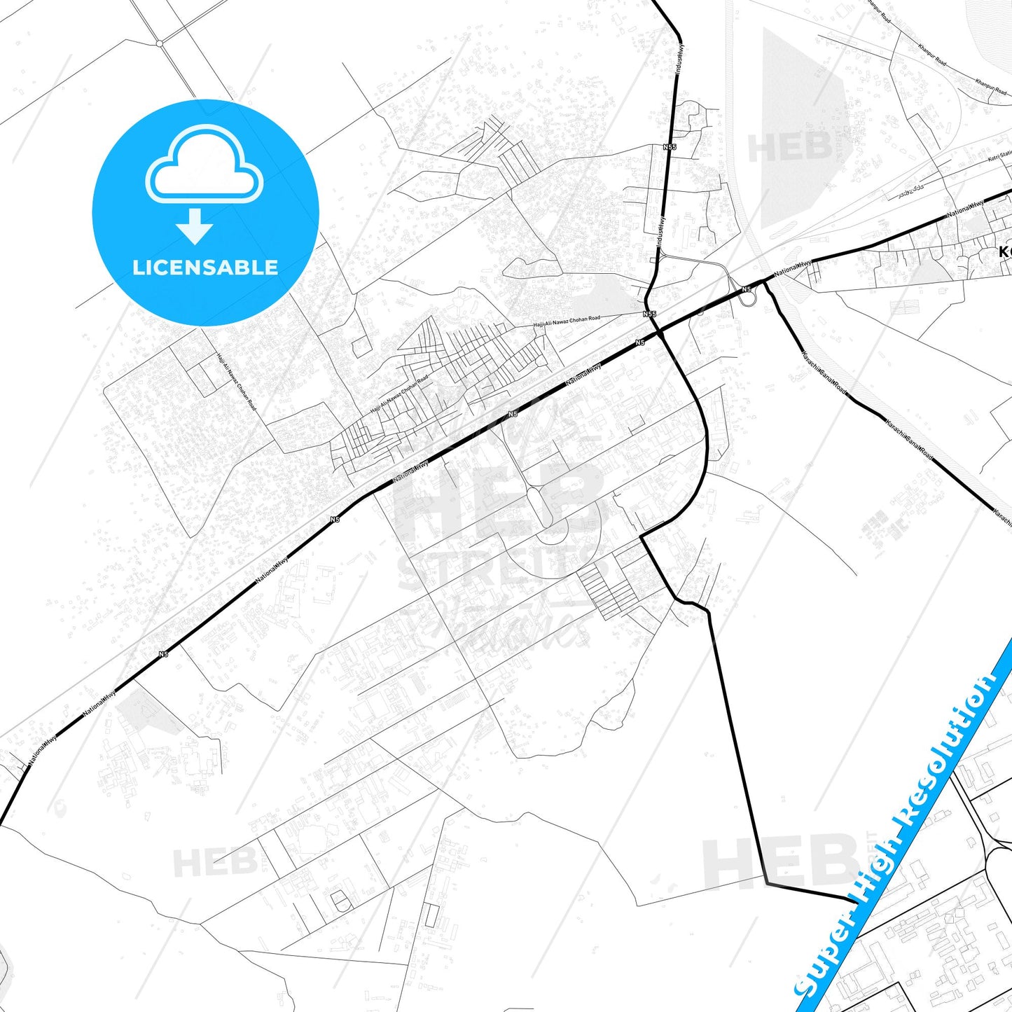 Kotri, Pakistan Light Map with Street Names, City Names, and Districts