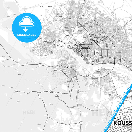 Kousseri, Cameroon light map with streetnames, citynames and districts