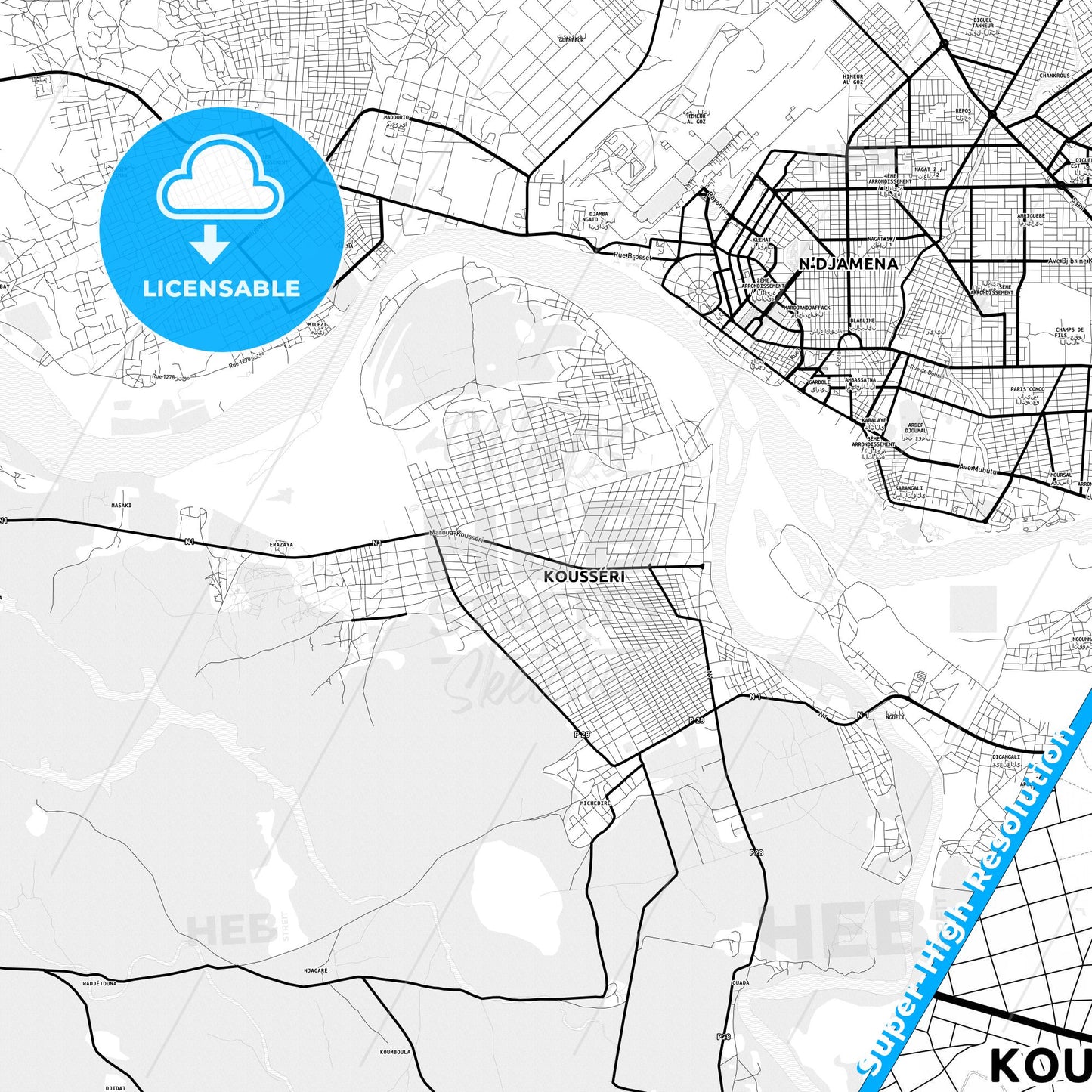 Kousseri, Cameroon Light Map with Street Names, City Names, and Districts