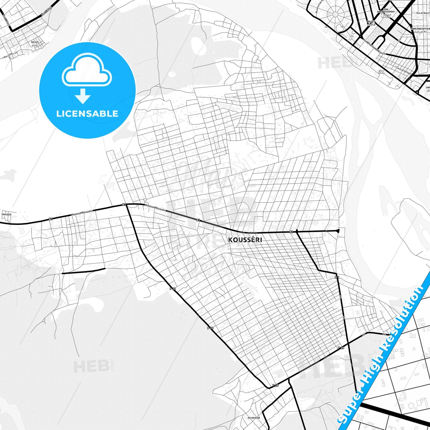 Kousseri, Cameroon Light Map with Street Names, City Names, and Districts