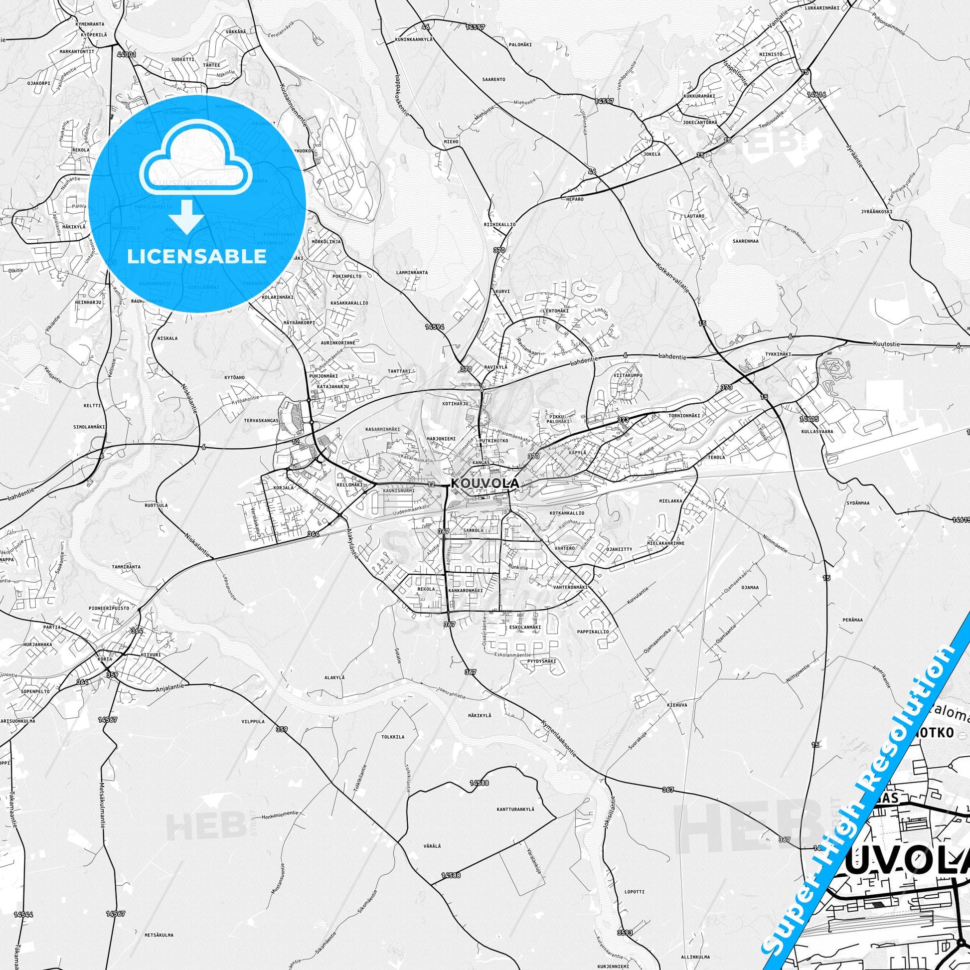 Kouvola, Finland light map with streetnames, citynames and districts